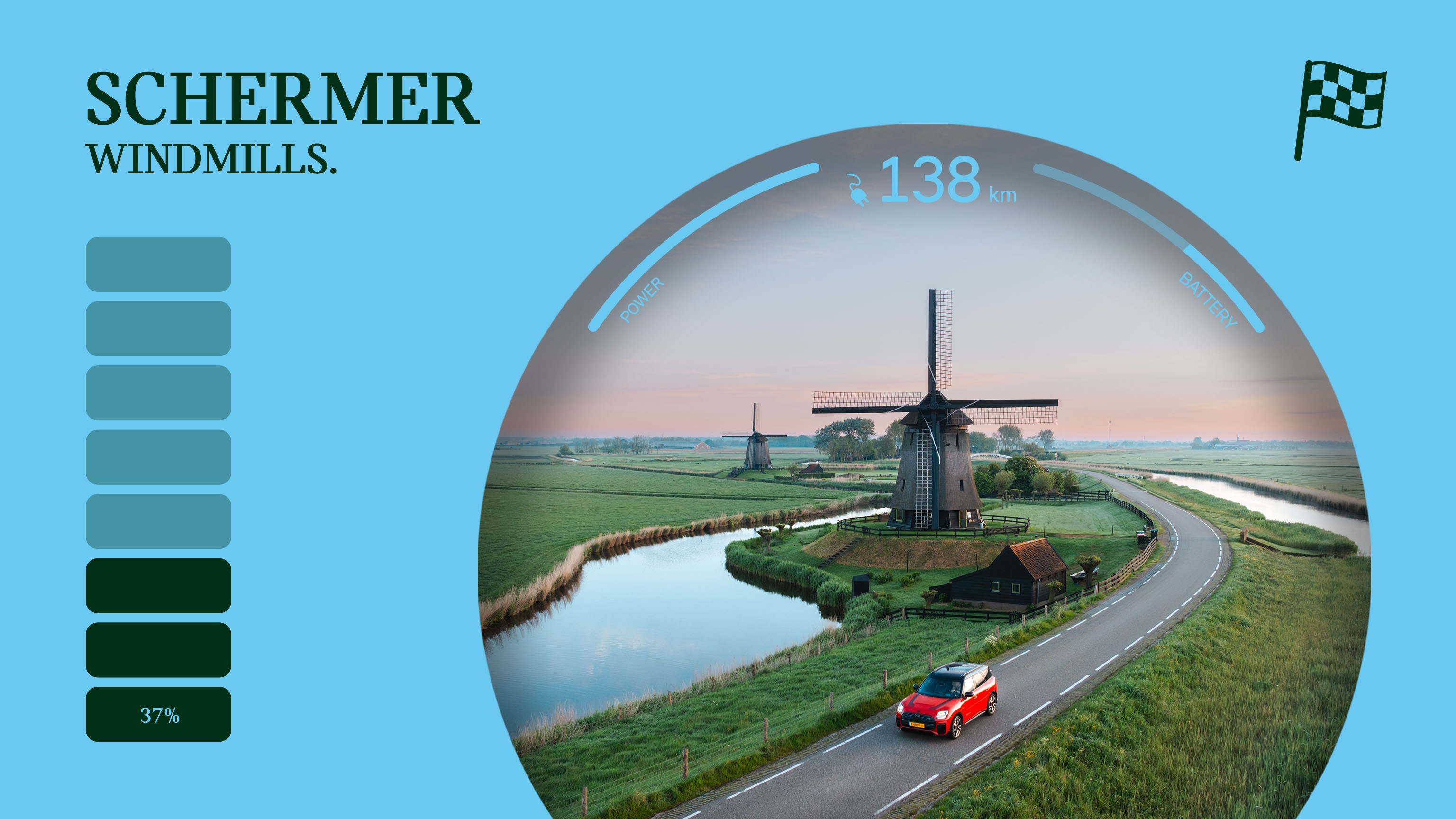 Light pink skies cast soft lighting on the all-electric MINI Countryman as it drives on a country road, past the Schermer windmills and surrounding nature.